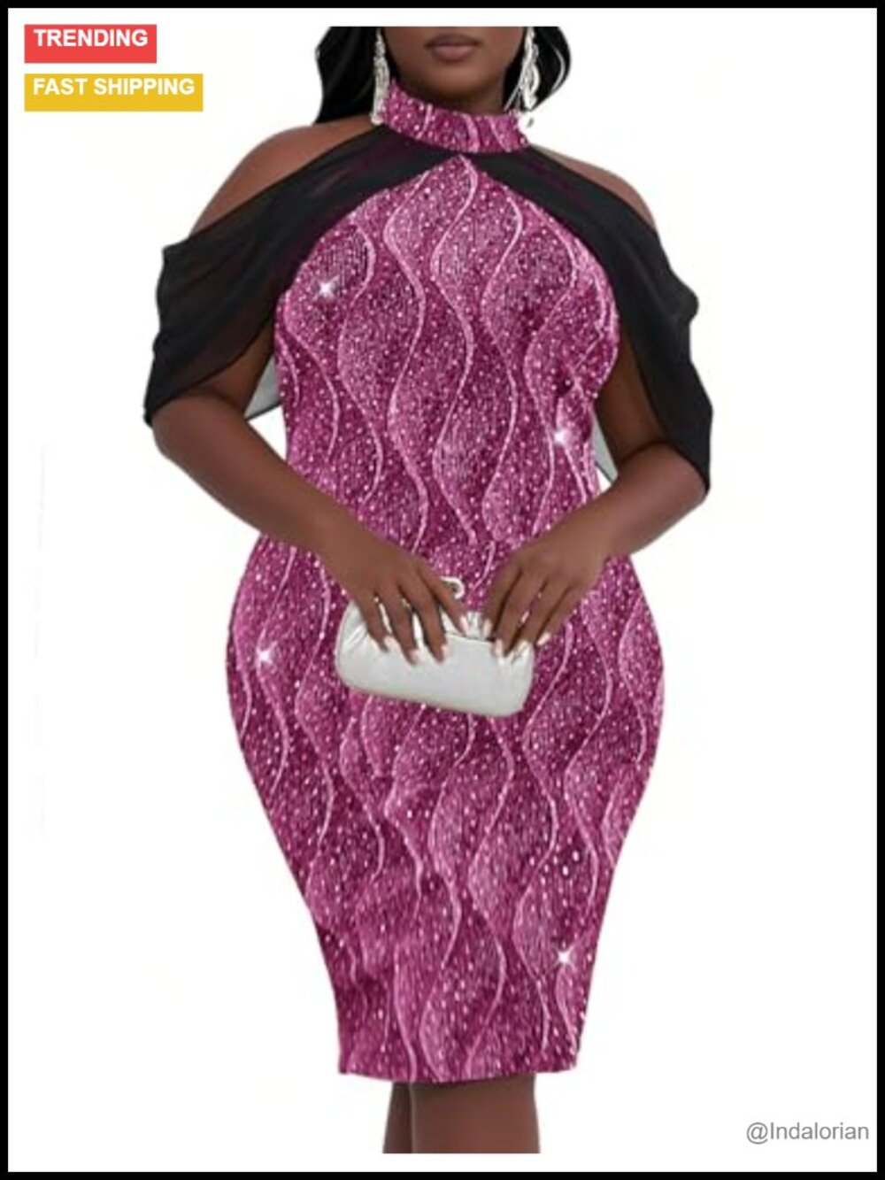 Plus Size Sparkly Rhinestone Knee Length Halter Neck Cape Bodycon Party Dress